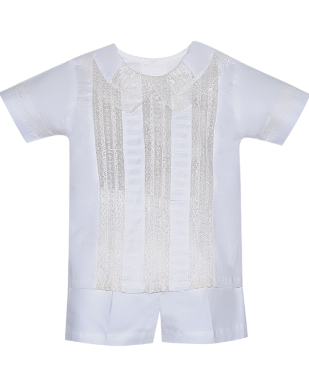 White outfit with textured top and shorts on a white background