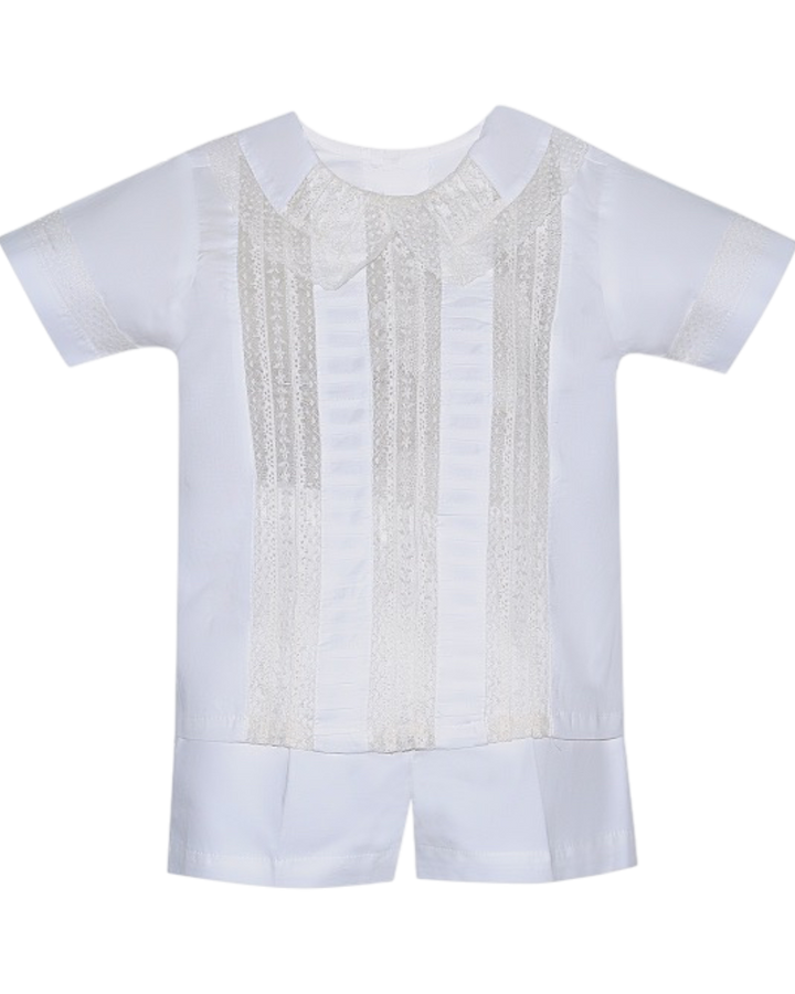 White outfit with textured top and shorts on a white background