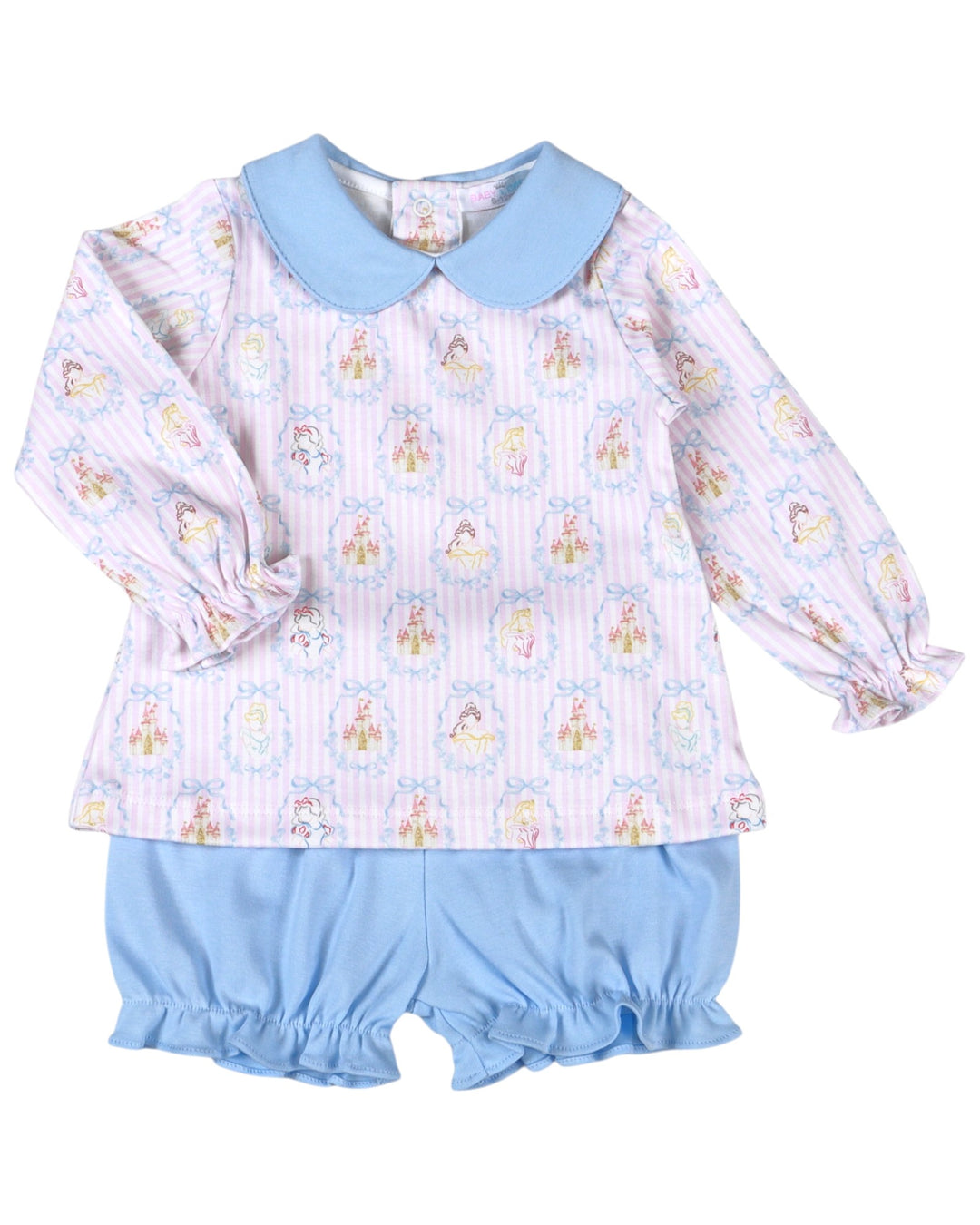 A baby girl's two-piece outfit featuring a long-sleeve top with a light blue Peter Pan collar, pink and white vertical stripes, and a repeating character print, paired with light blue ruffled bloomers, that store