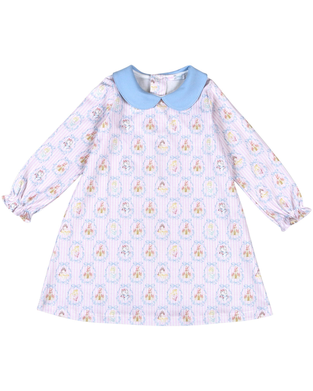 A long-sleeve baby dress with a light blue Peter Pan collar, featuring a white and light blue striped body with a repeating pattern of cartoon bunnies in pastel colors, that store