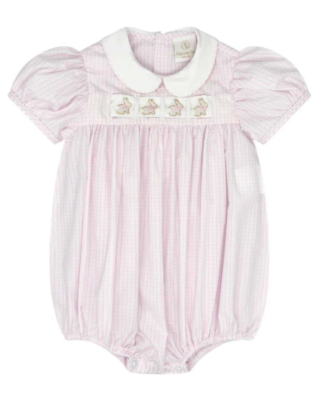 Pink baby romper with white collar and embroidered details on a white background