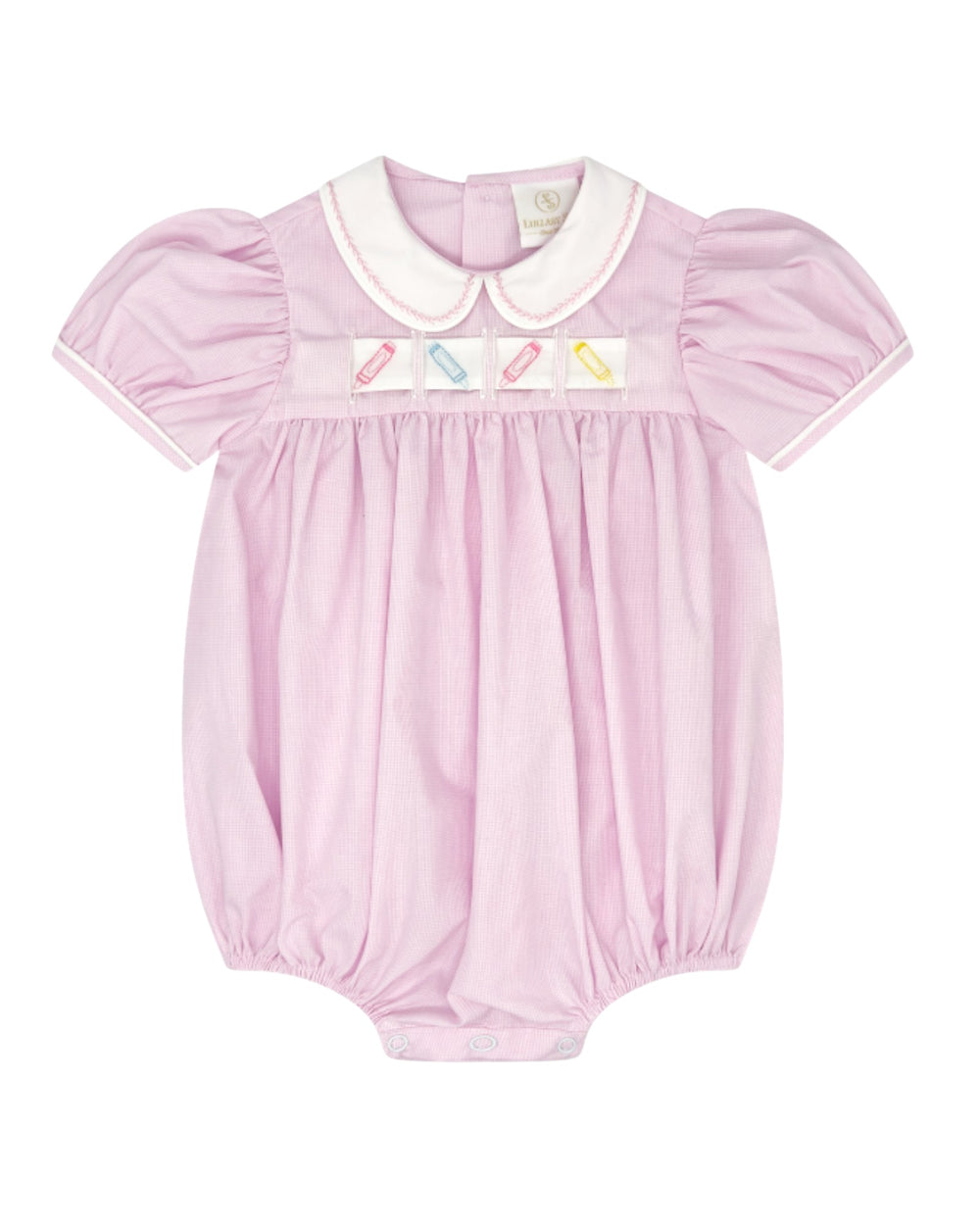 A baby girl's short-sleeve bubble romper in light pink, featuring a white Peter Pan collar and a decorative embroidered chest panel with colorful pencils, that store