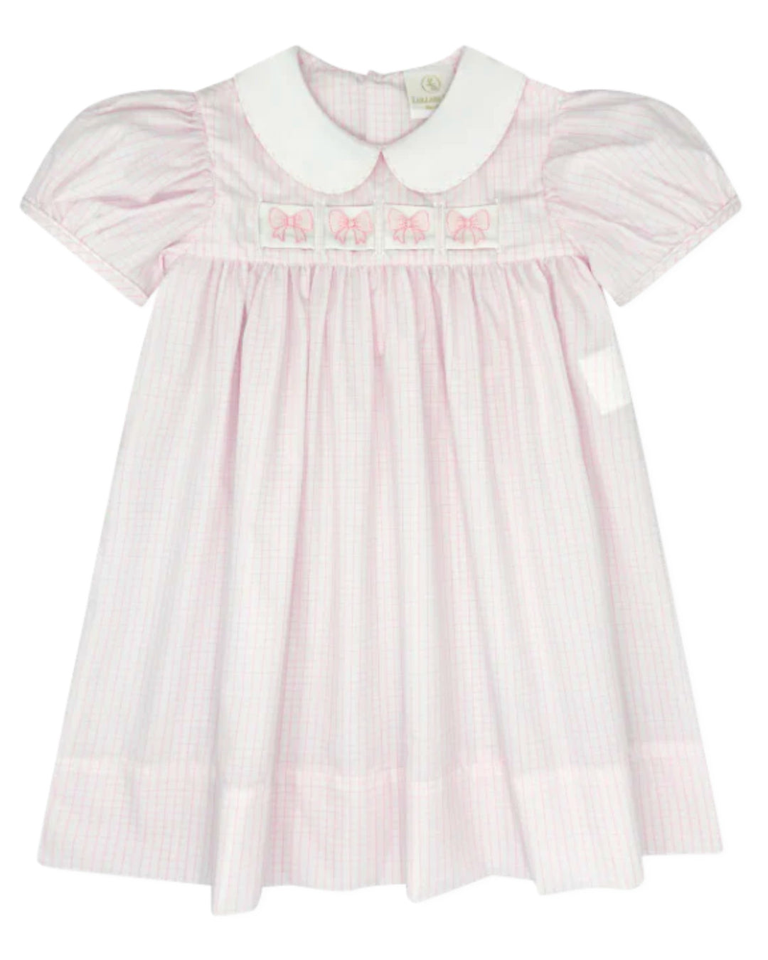 Pink baby dress with embroidered details on a white background