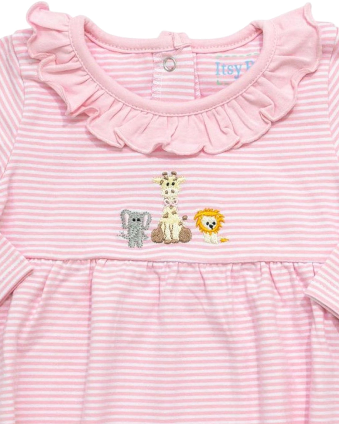 Pink striped dress with ruffled collar and embroidered animals on a white background