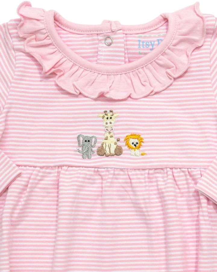 Pink striped dress with ruffled collar and embroidered animals on a white background