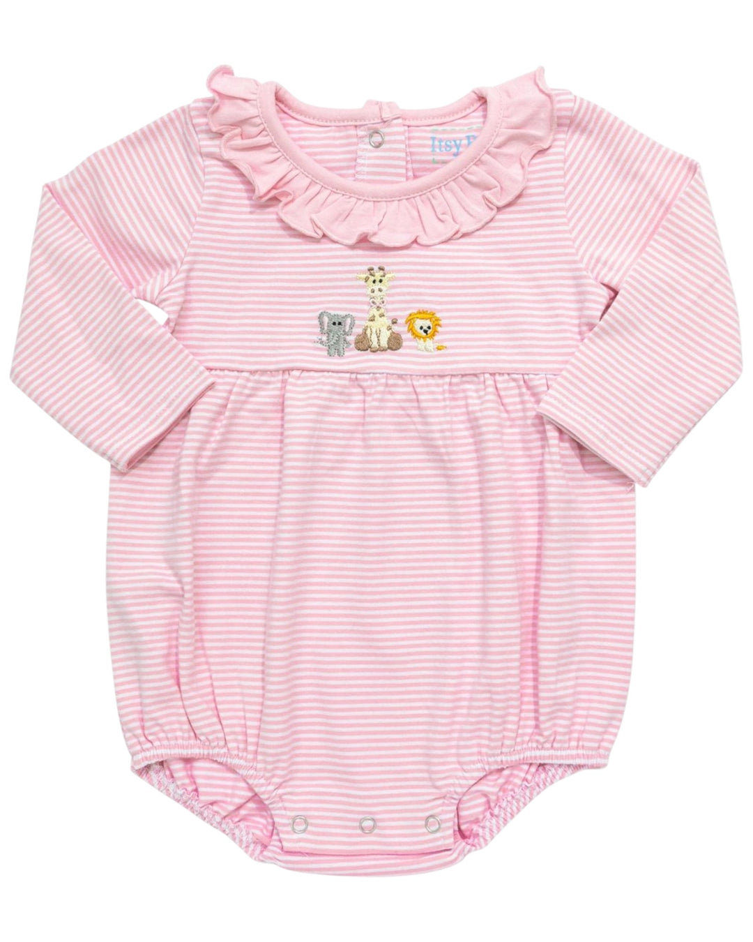 Pink striped baby romper with animal appliqués on a white background