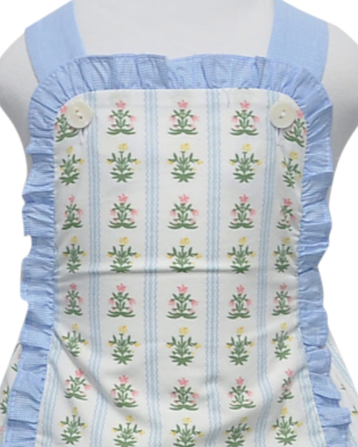 Light blue apron with floral pattern on a white background