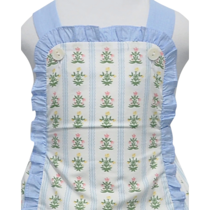 Light blue apron with floral pattern on a white background