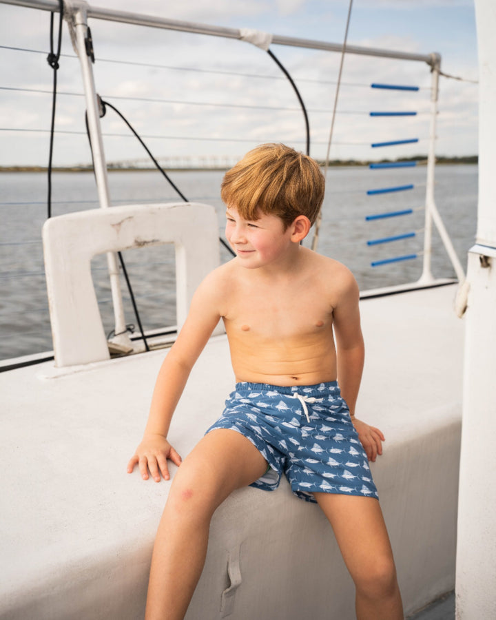 Saint Simons Swim Trunk: Navy/White Fish