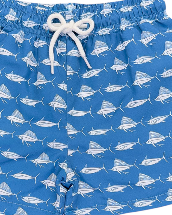 Saint Simons Swim Trunk: Navy/White Fish, that store, close