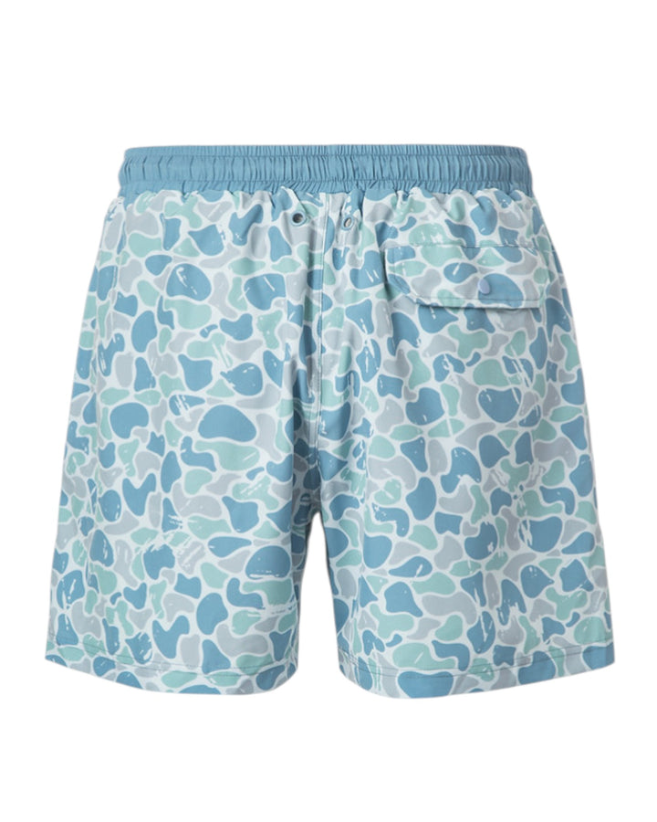 Blue and white patterned shorts on a white background