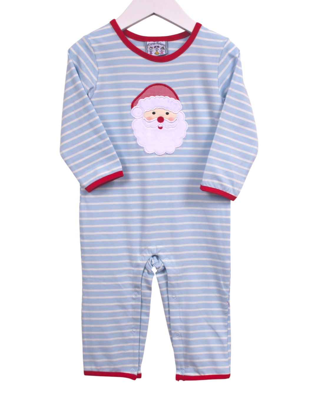 A baby long-sleeve footless romper with light blue and white stripes, red trim, and a Santa Claus face applique on the chest, hanging on a white hanger against a white background, that store