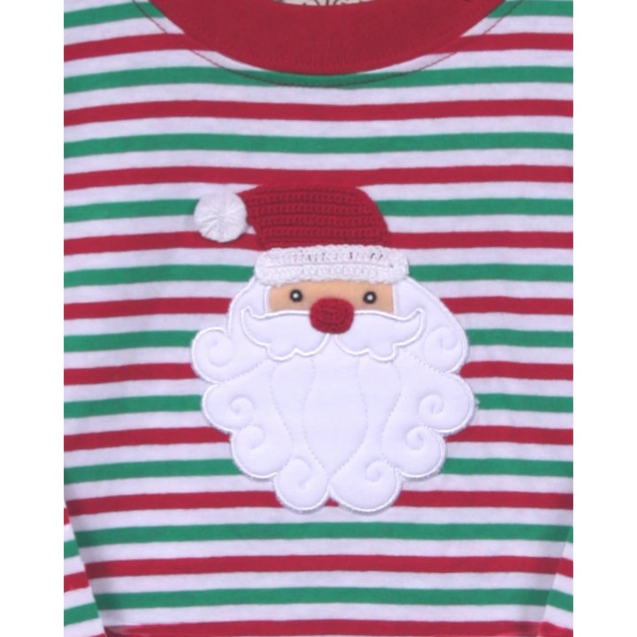 Striped shirt with a Santa Claus patch on a red, green, and white background