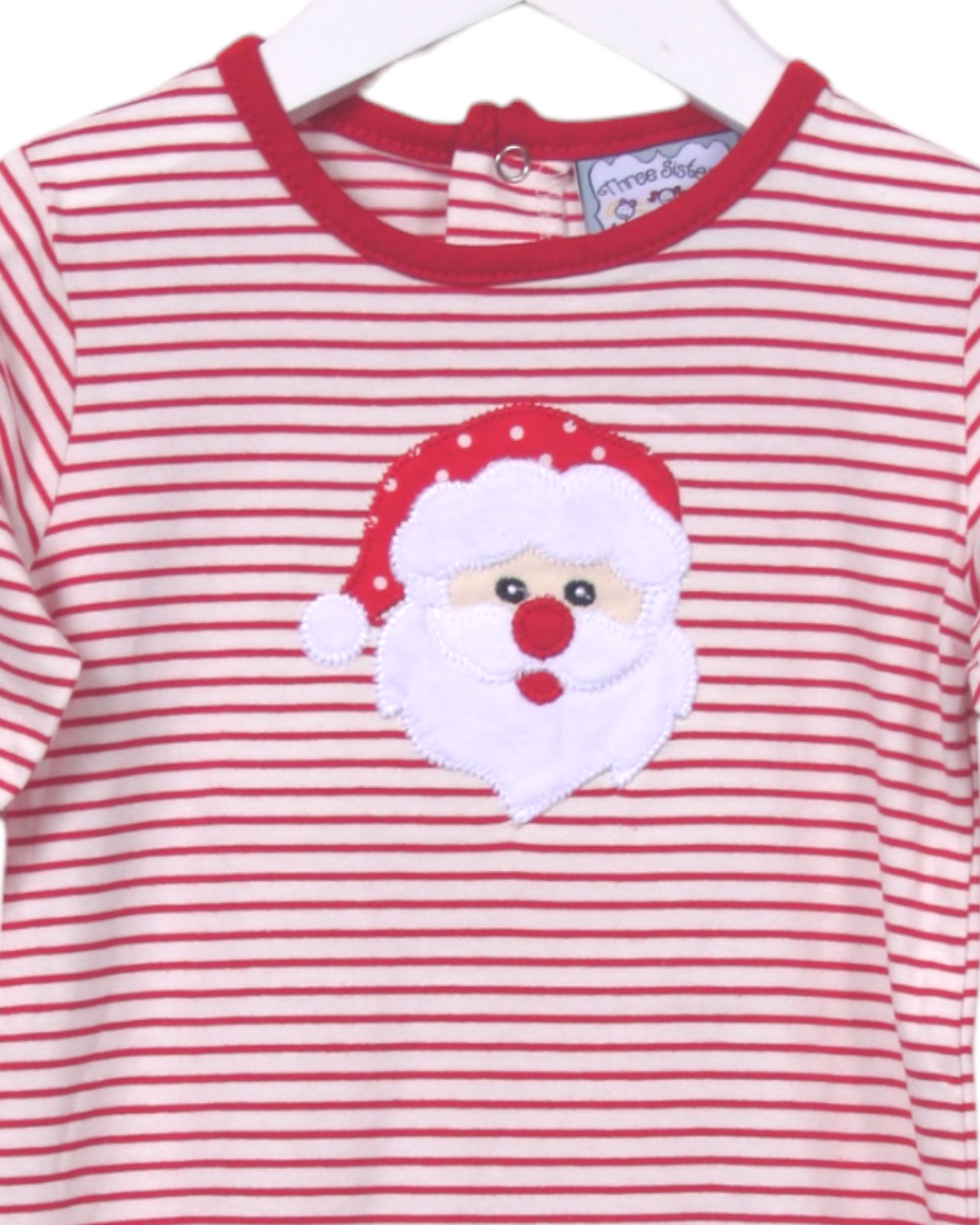 Santa Applique Red Stripe Ruffle Girls Romper, close up