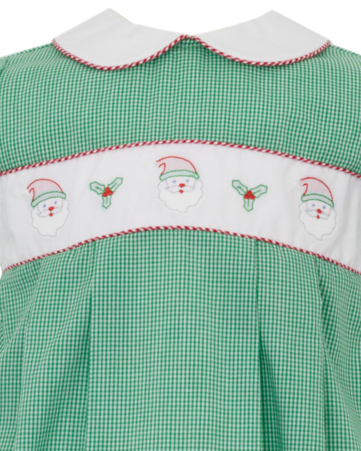 Santa Face Embroidered Green Check Boys Bubble