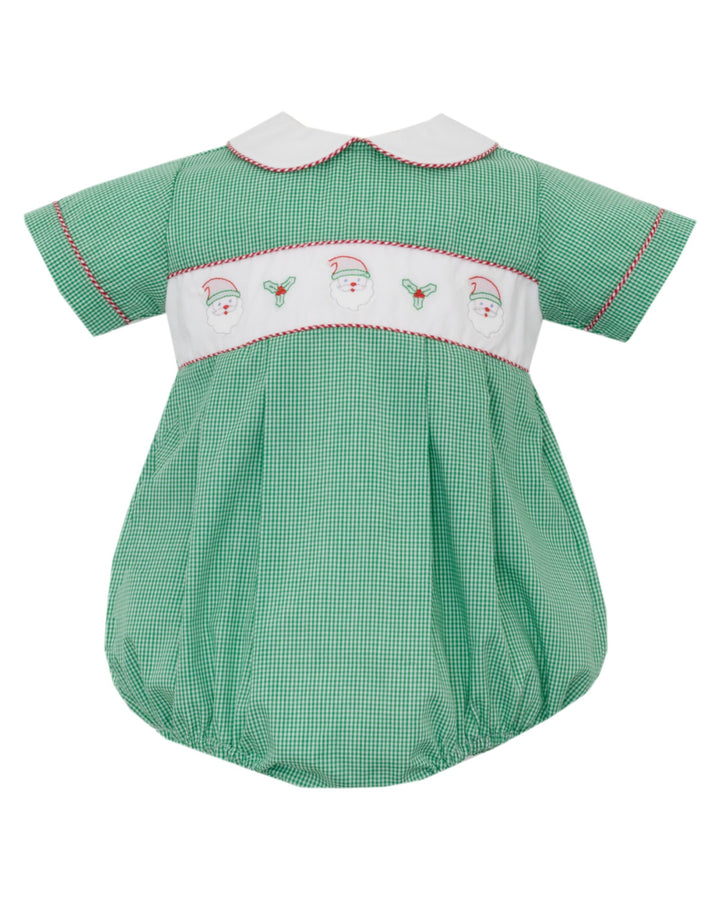 Santa Face Embroidered Green Check Boys Bubble