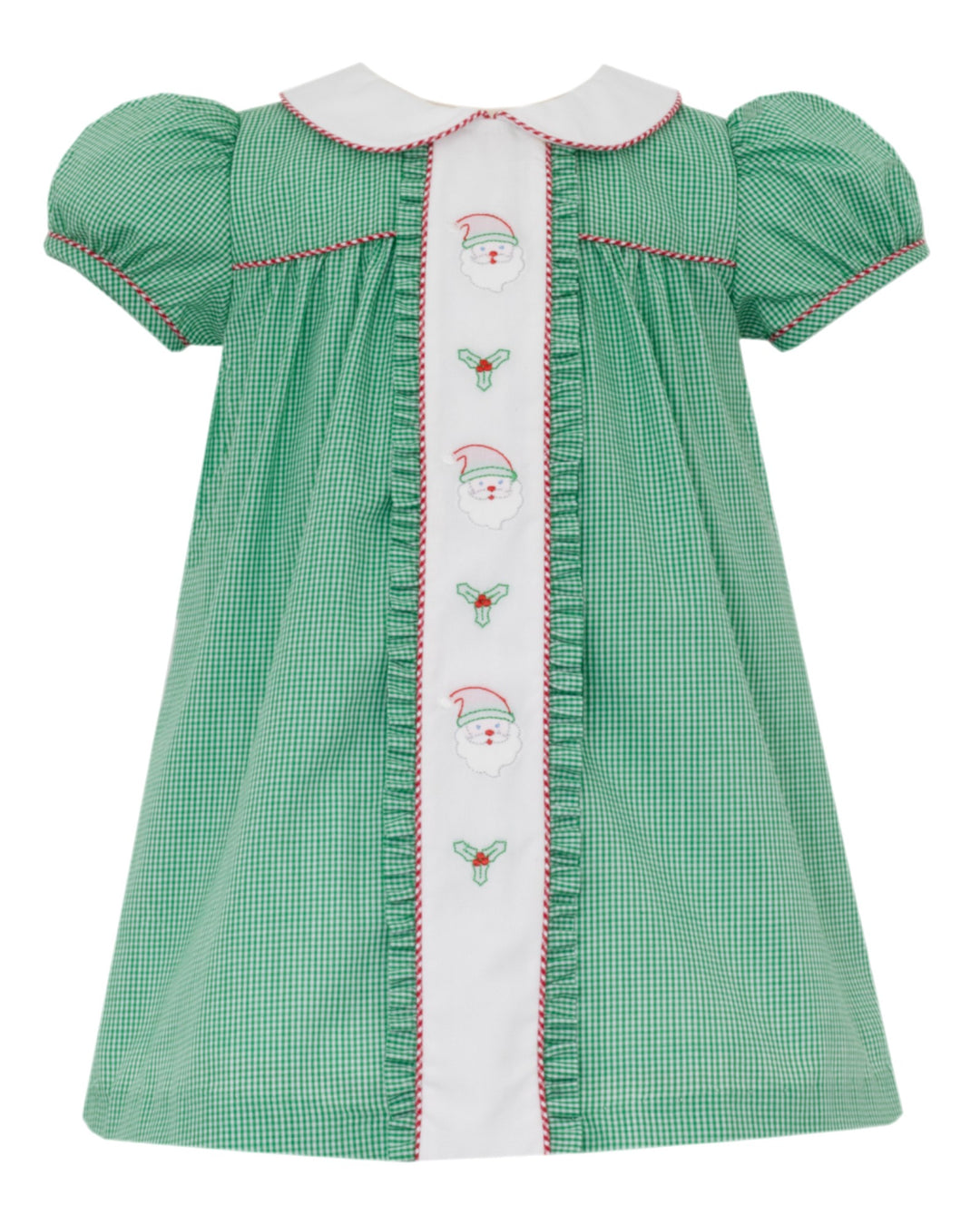 Green checkered dress with white collar and embroidered details on a white background