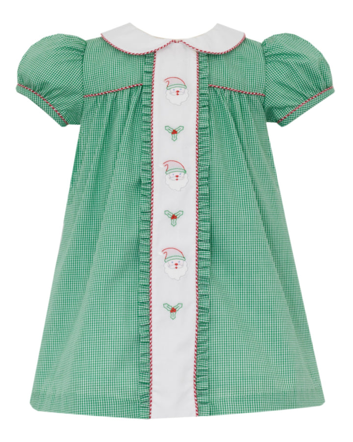 Green checkered dress with white collar and embroidered details on a white background