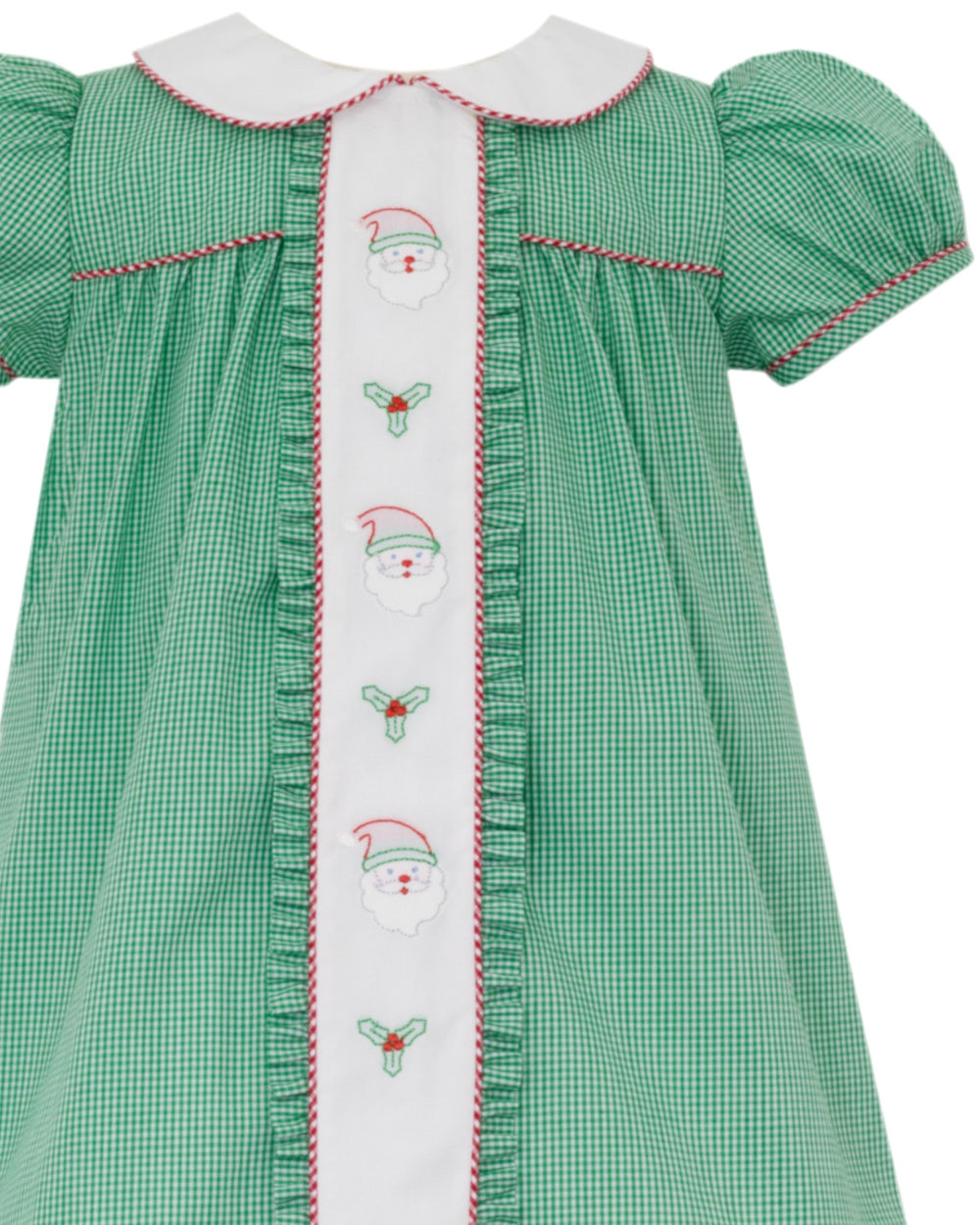 Green checkered dress with embroidered details on a white background