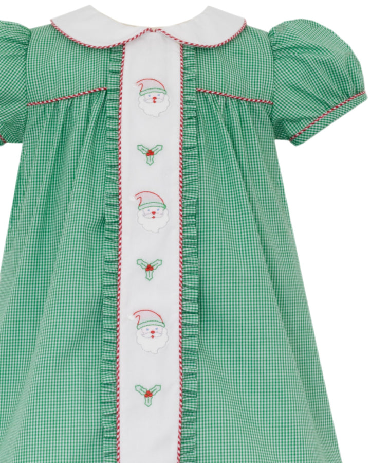 Green checkered dress with embroidered details on a white background