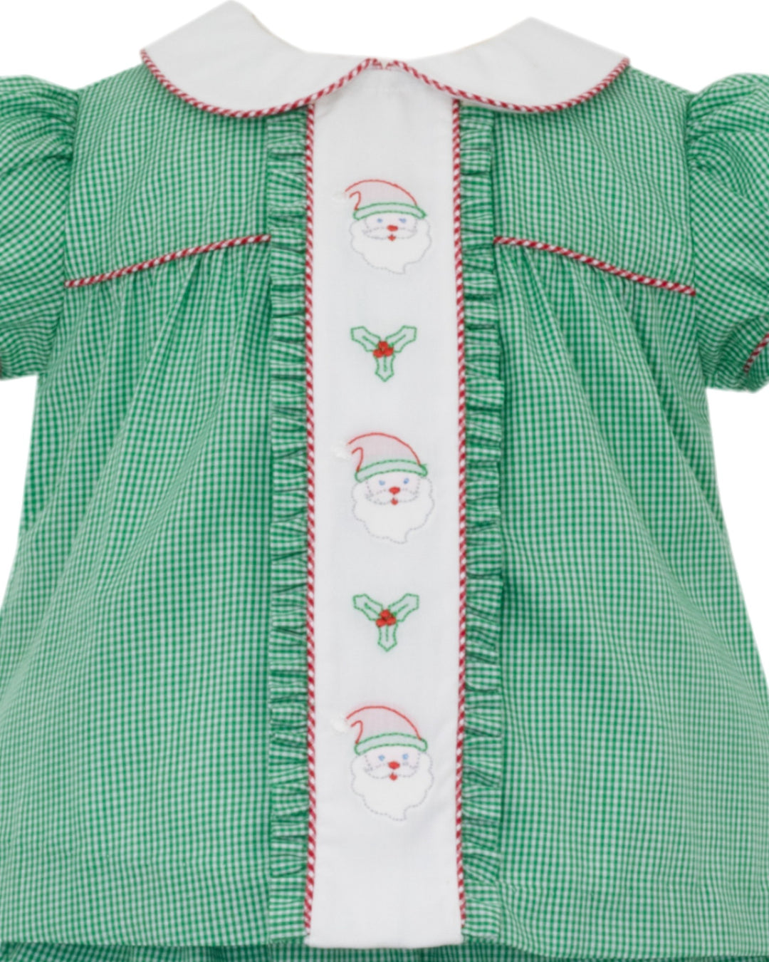 Santa Face Embroidered Green Check Girls Bloomer Set