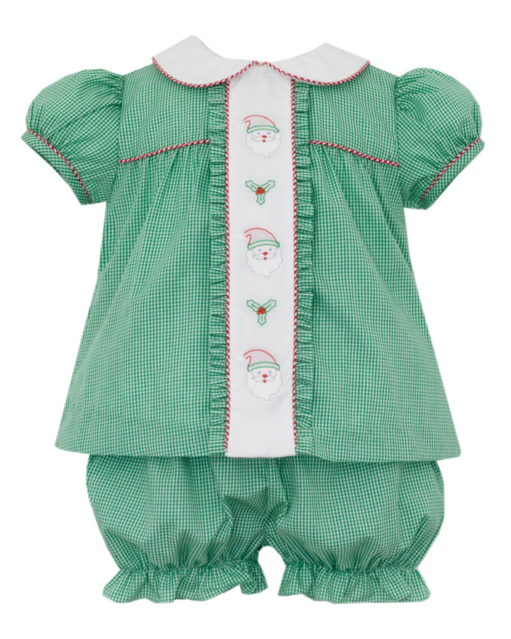 Santa Face Embroidered Green Check Girls Bloomer Set