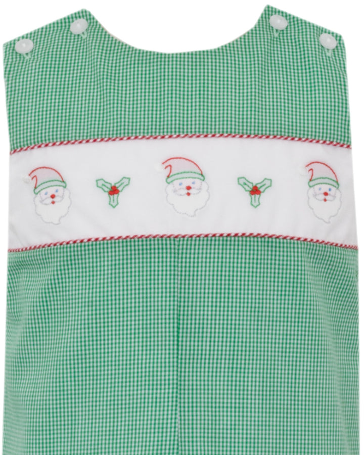 Santa Face Embroidered Green Check Boys Jon Jon