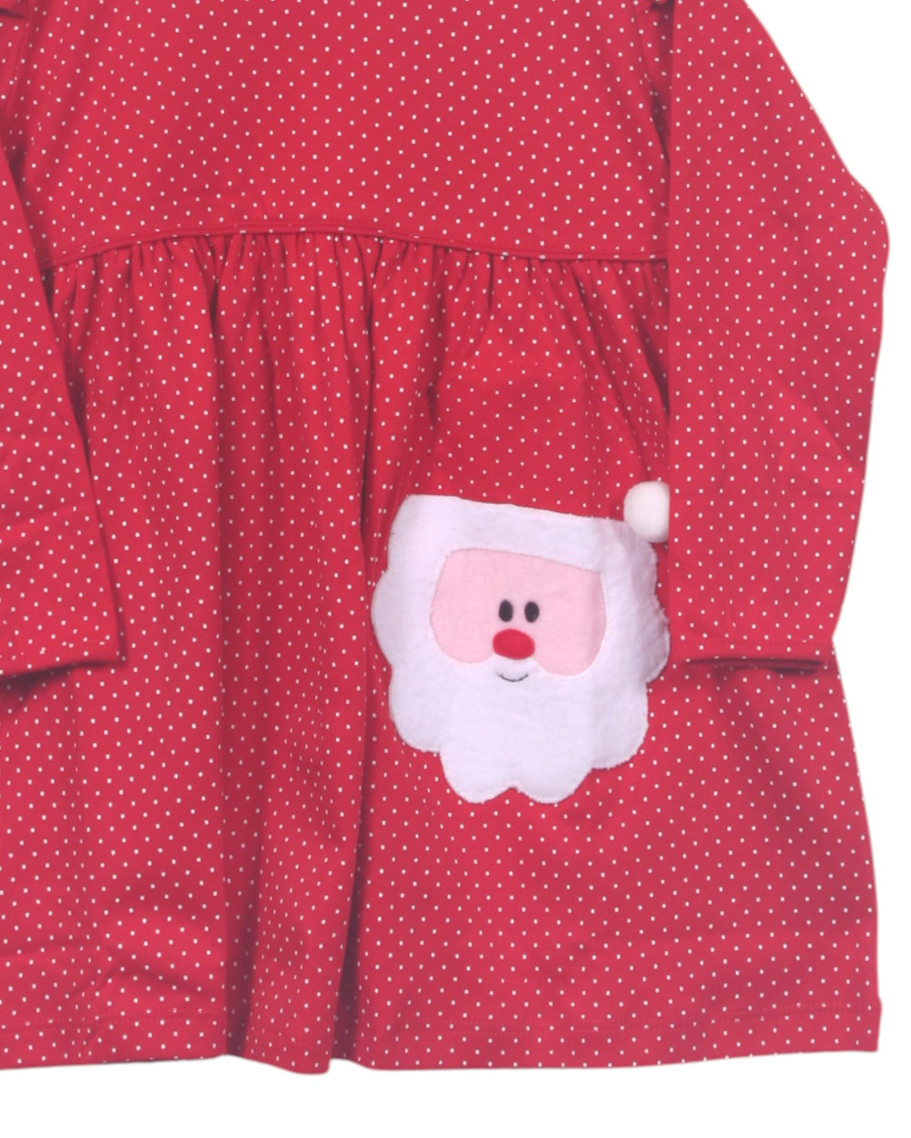 Red polka dot dress with a Santa Claus patch on a white background