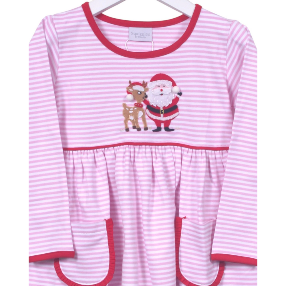 Pink and white striped dress with Santa and reindeer design on a hanger