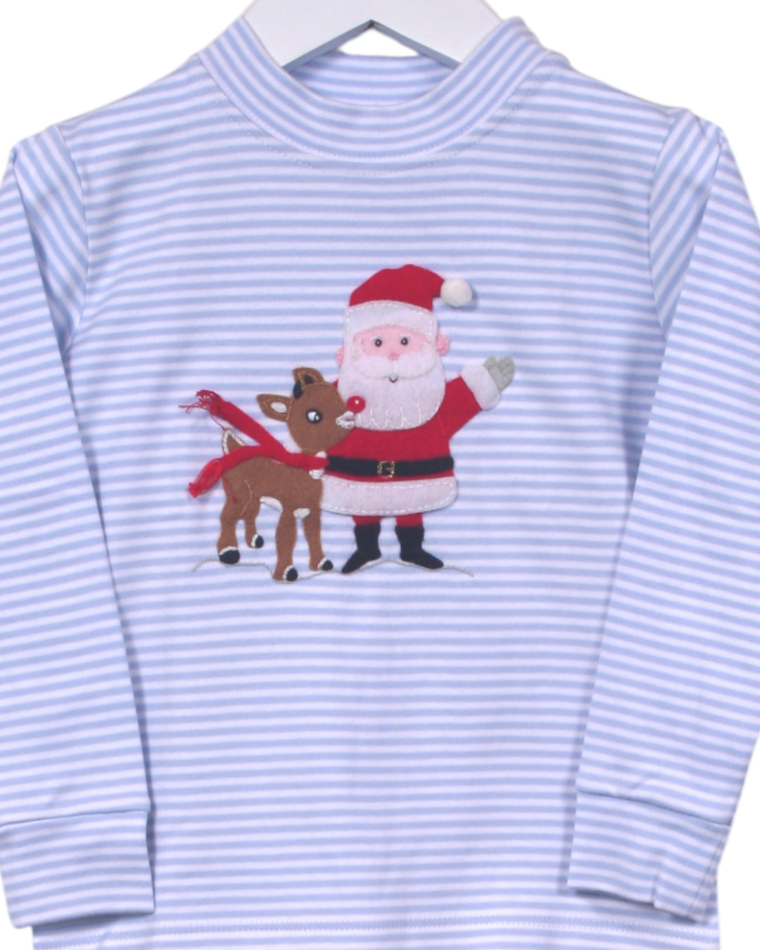 Santa & Rudolph Felt Applique Blue Stripe Boys Pant Set
