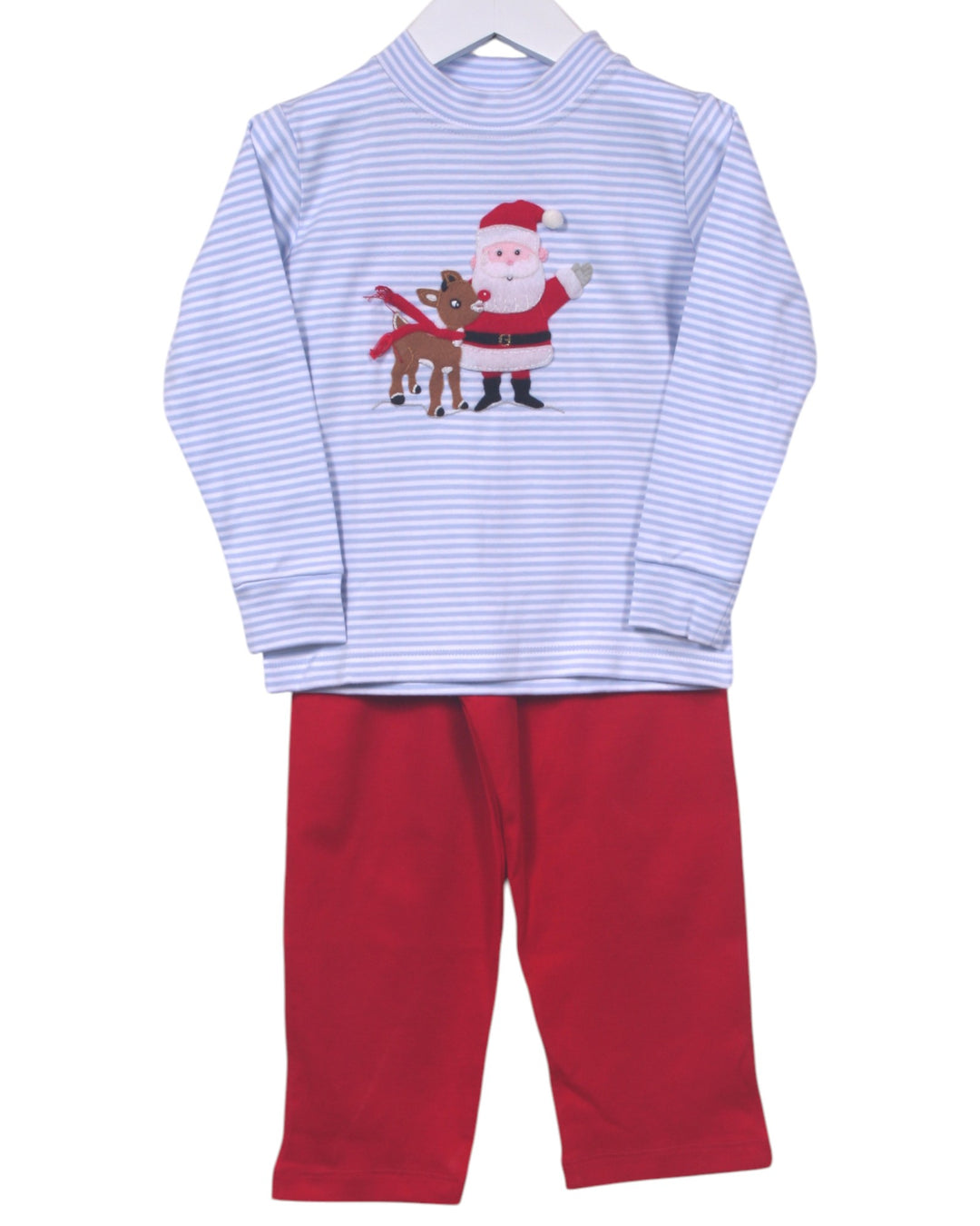 Children's outfit with striped shirt and red pants featuring a Santa Claus design on a white background