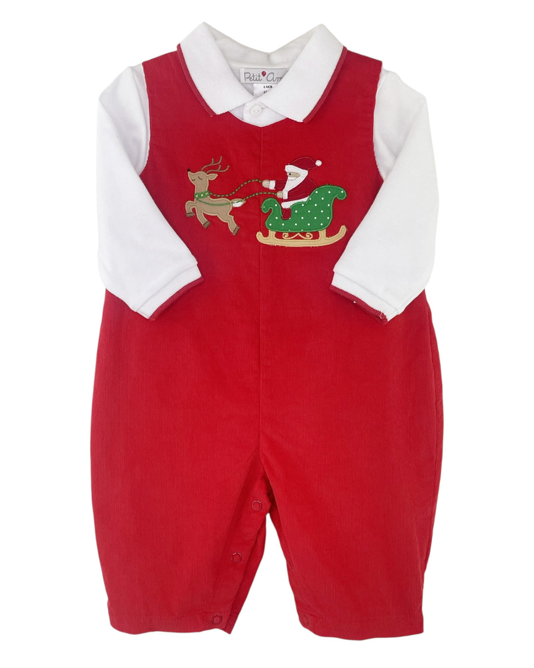 Red baby romper with Santa and reindeer design on a white background