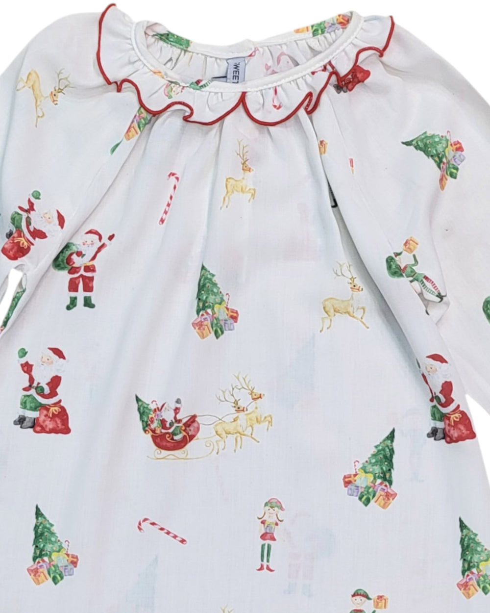 Children's dress with Christmas-themed pattern on a white background