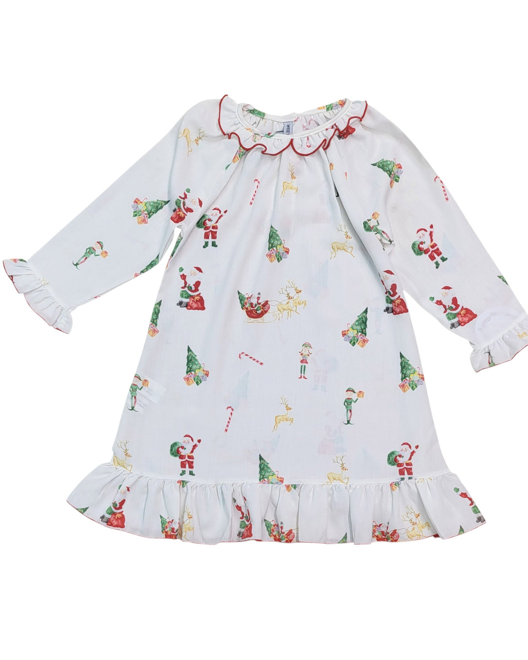 Children's dress with Christmas-themed pattern on a white background