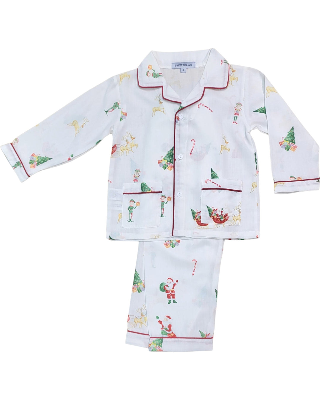 Children's Christmas-themed pajama set with patterns on a white background