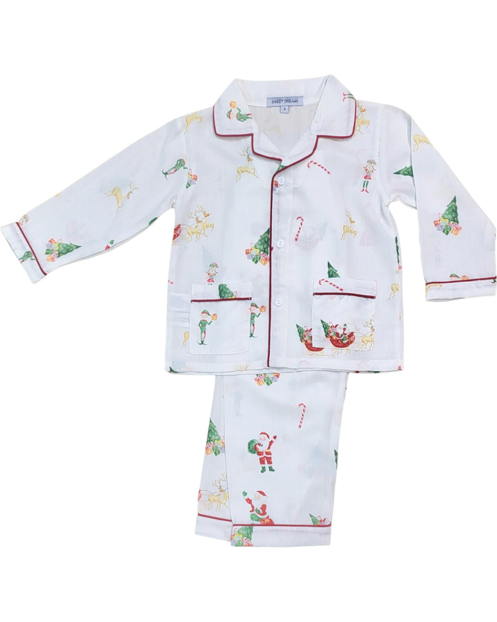 Children's Christmas-themed pajama set with patterns on a white background
