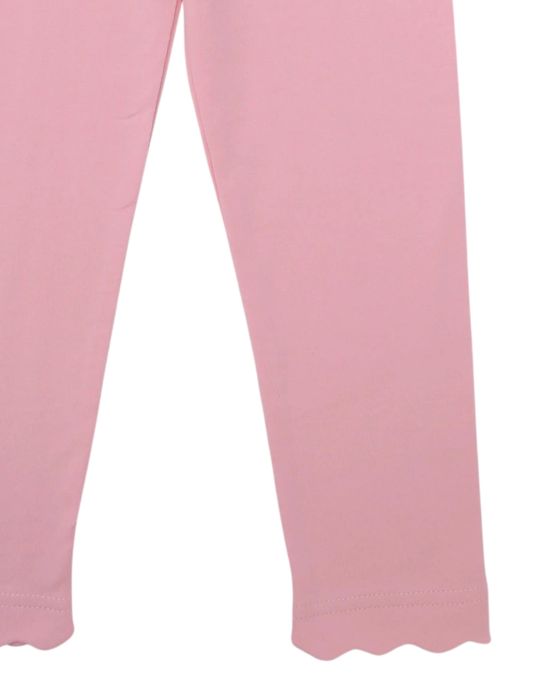 Close-up of pink leggings or tights with a scalloped hem, shown against a plain white background, that store