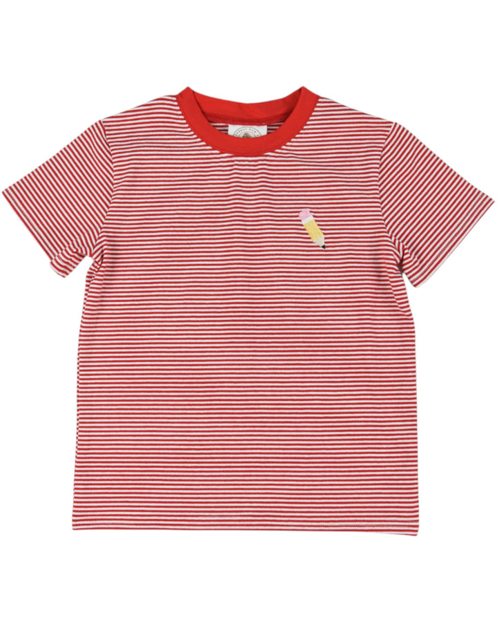 boys red stripe pencil embroidered tee
