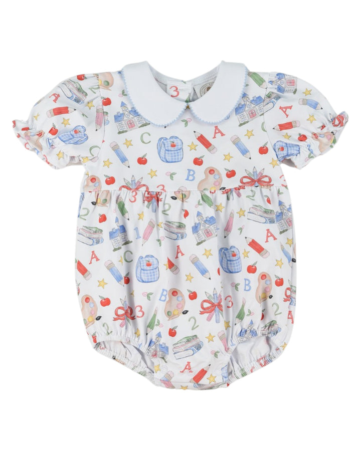 Baby romper with colorful alphabet and cartoon print on a white background