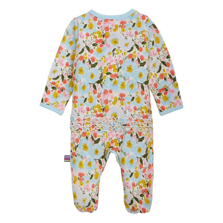 Floral patterned baby onesie on a white background