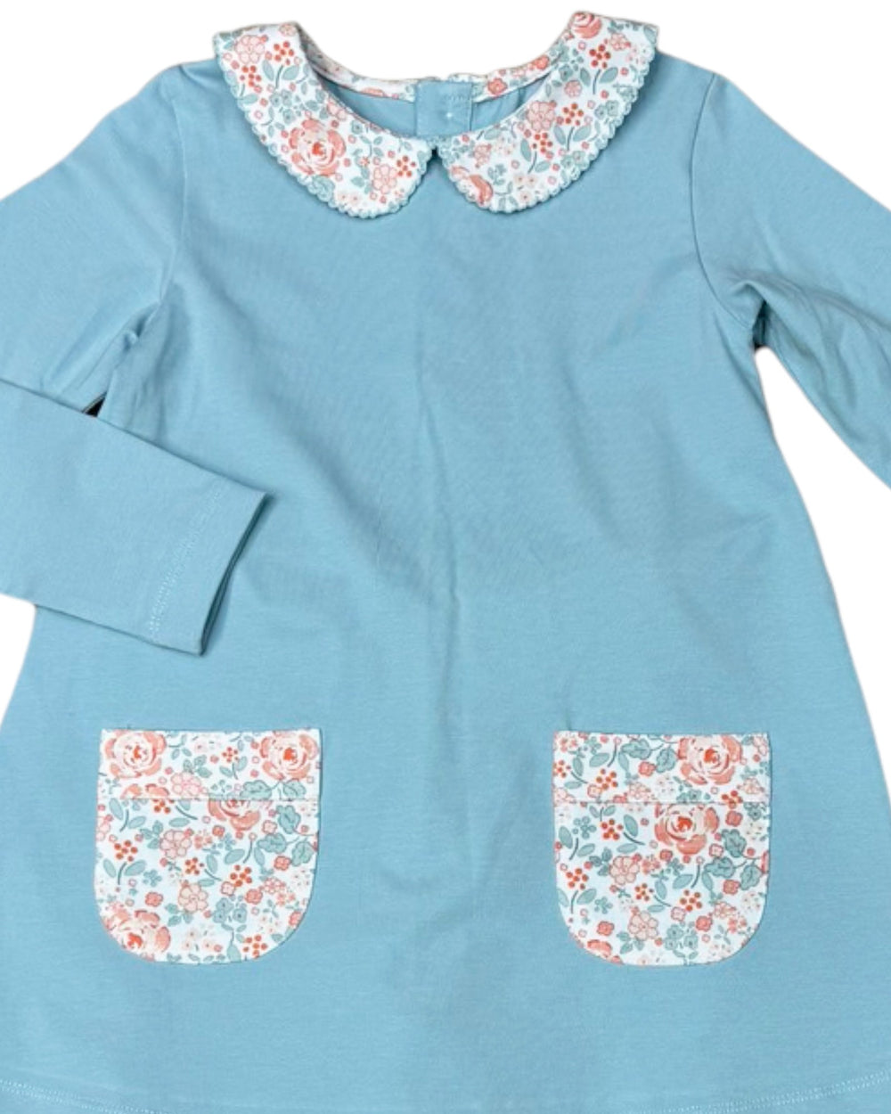 Light blue dress with floral collar and pocket trim on a white background
