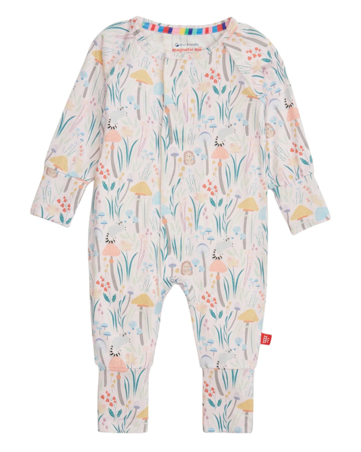 Baby onesie with floral and animal pattern on a white background