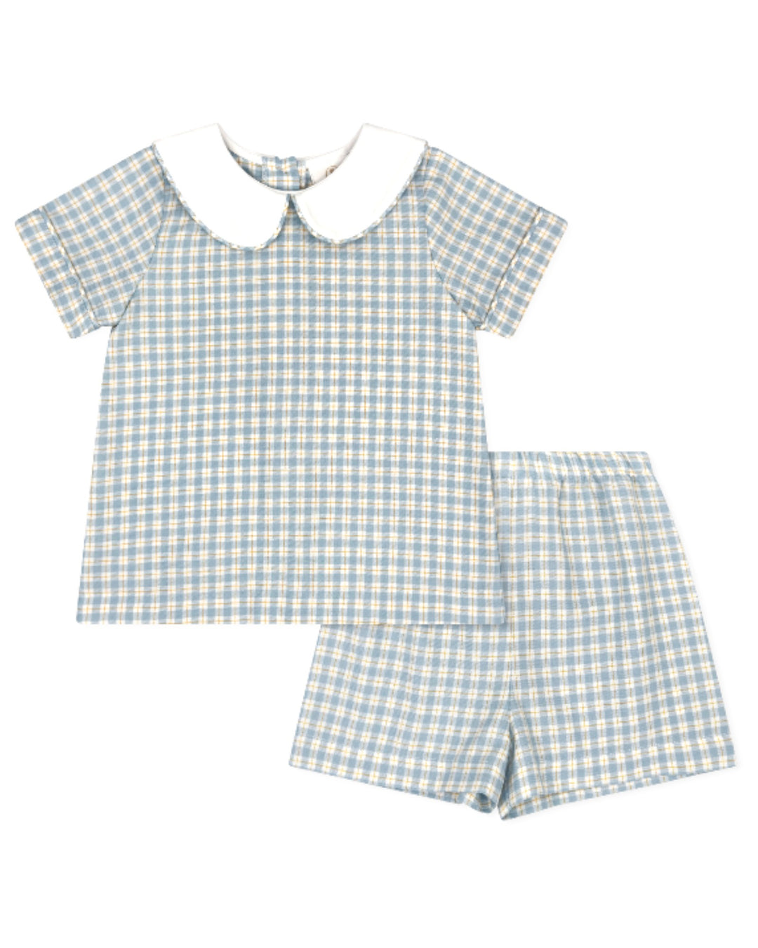 Children's blue and white checkered outfit with a top and shorts on a white background