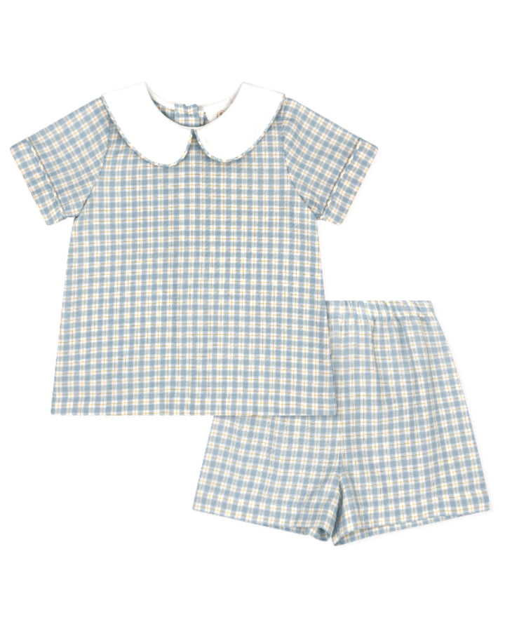 Children's blue and white checkered outfit with a top and shorts on a white background