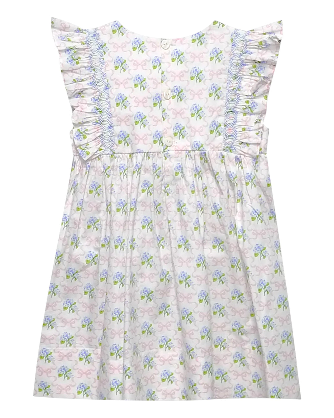 Floral dress with ruffled details on a white background