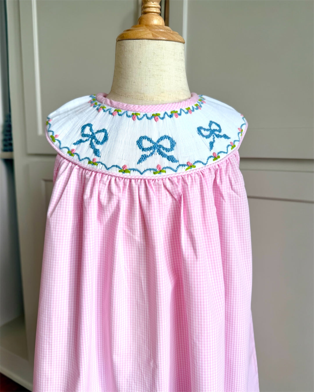 Smocked Bow Pink Check Sleeveless Yoke Dress
