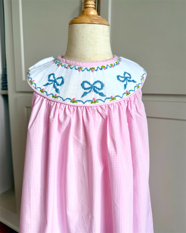 Smocked Bow Pink Check Sleeveless Yoke Dress