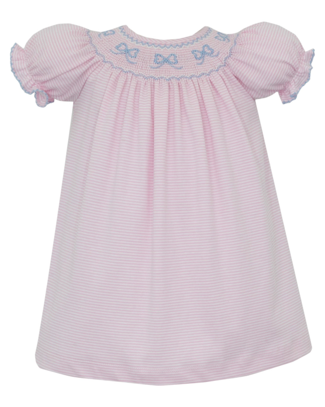A pink and white striped baby smocked dress with short ruffled sleeves and blue bow embroidery around the neckline, shown against a plain white background, that store