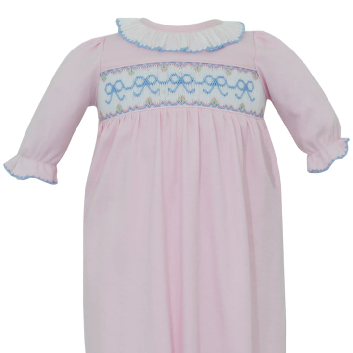 Smocked Bows Pink Knit Girls Sac, close up