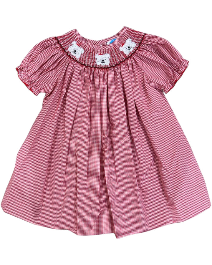 Red checkered dress with bear accents on a white background